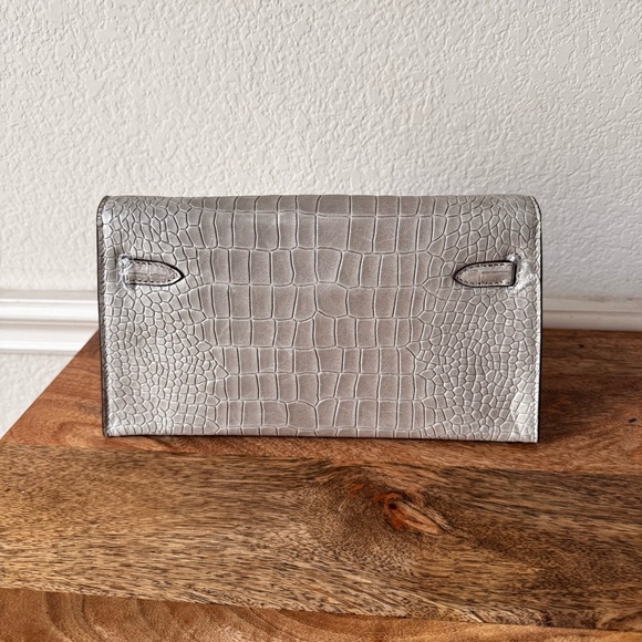 LEATHER INSIDE & OUT Gray Emboss Croc 27 Long KL Shoulder Bag Convertible S7 - Picture 9 of 15